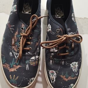 Vans Black Canvas Low-Top Sneakers with Brown Laces and Southwestern Print